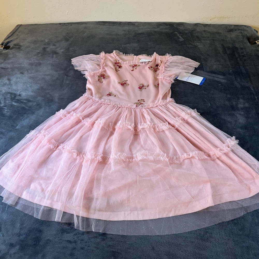 Rare Editions‎ Blush Dress Floral Embellished Tulle Ruffle Girl's Size L (10/12)
